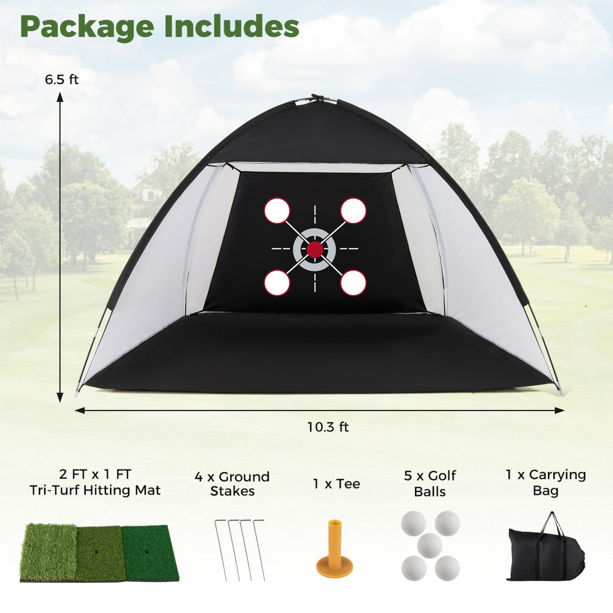 Golf Practice Net 10.3x6.5ft with Foldable Tri-Turf Mat