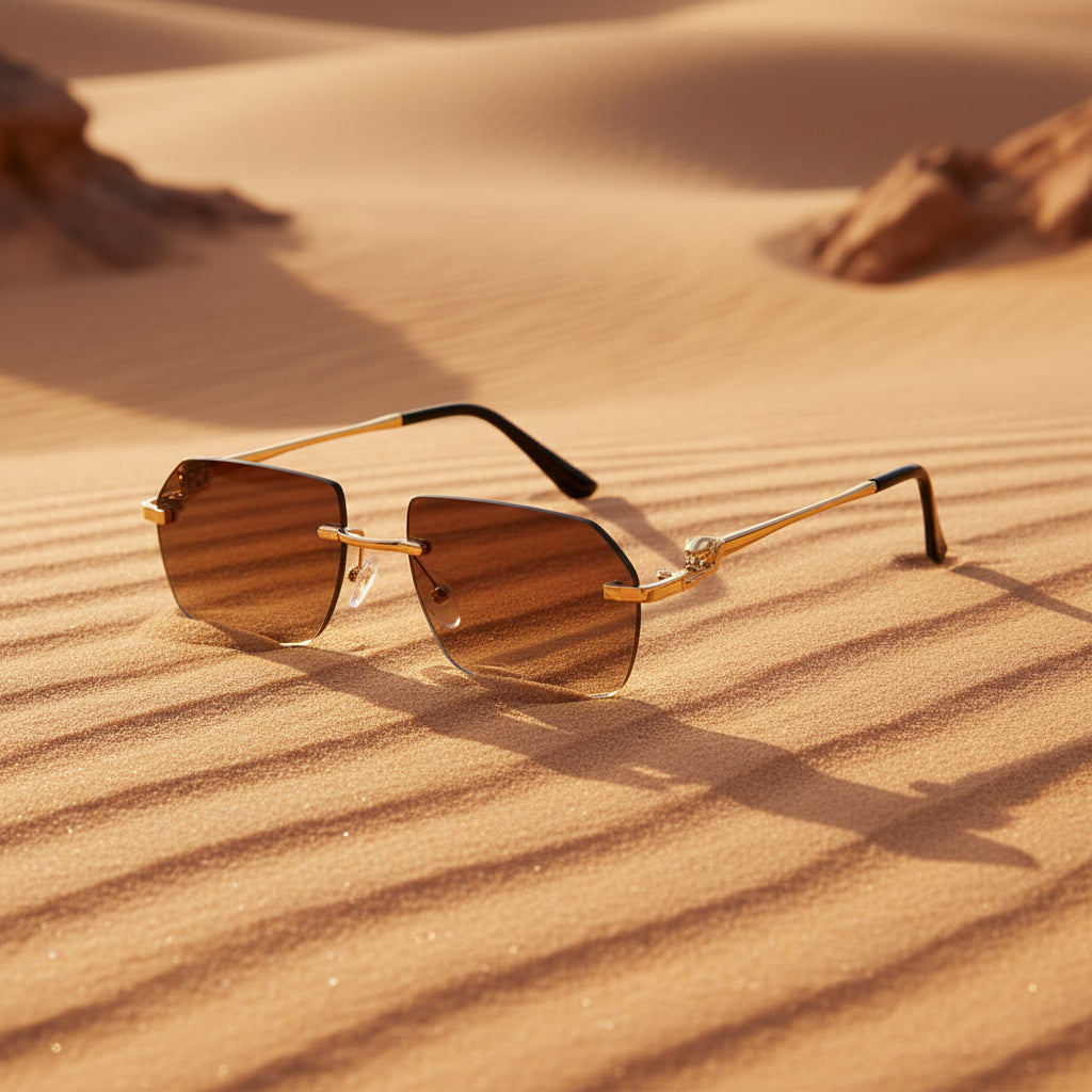 Gold Frame Cheetah Rimless Sunglasses – Hip-Hop Fashion Statement Eyewear