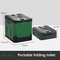 Portable folding camping toilet: adult/child use, self-contained, with lid and seat.