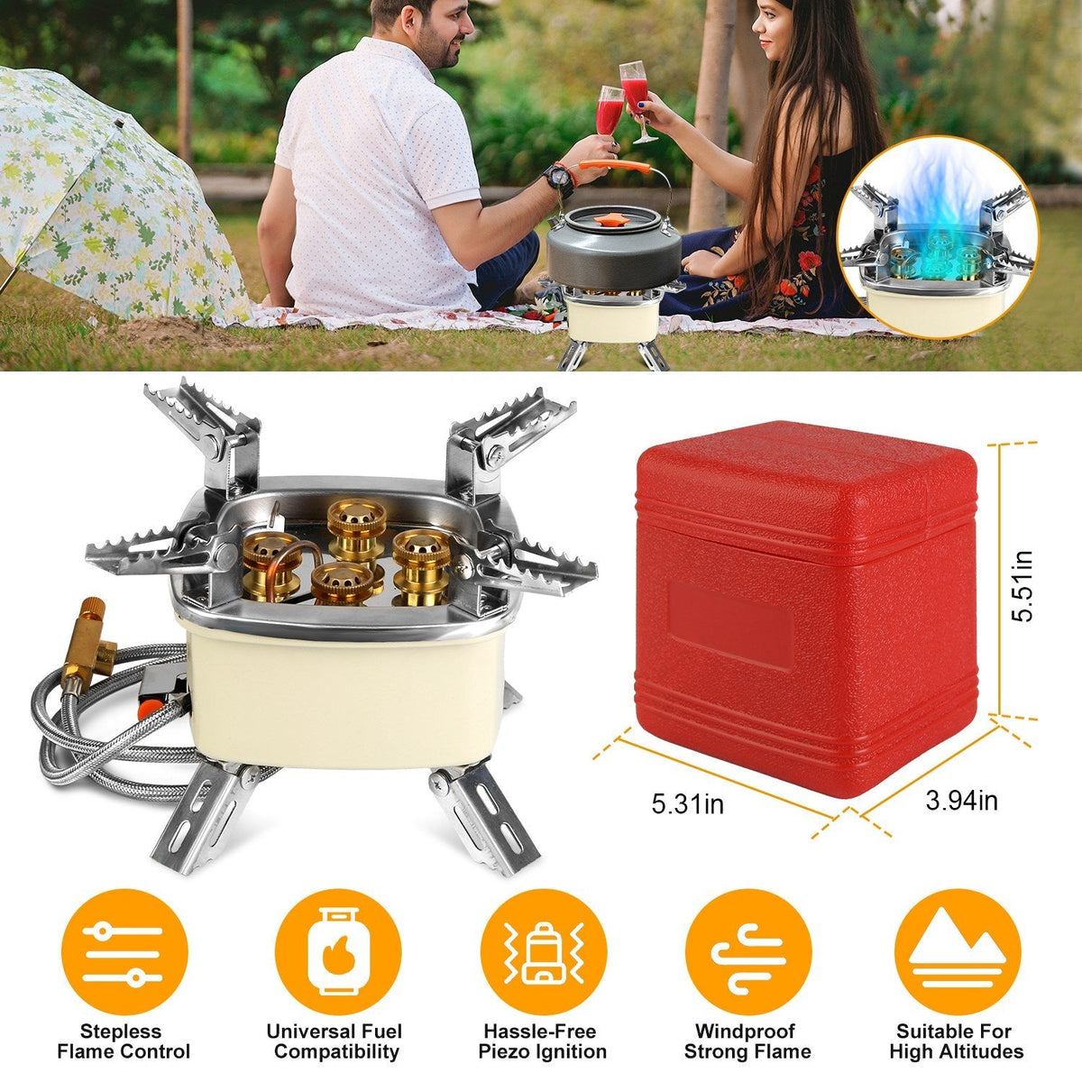 13000W Portable Windproof Camping Stove Five-head Gas Cooking Burner with Piezo Ignition Stepless Flame Control Fit For ISO-butane, Propane, Butane Fu
