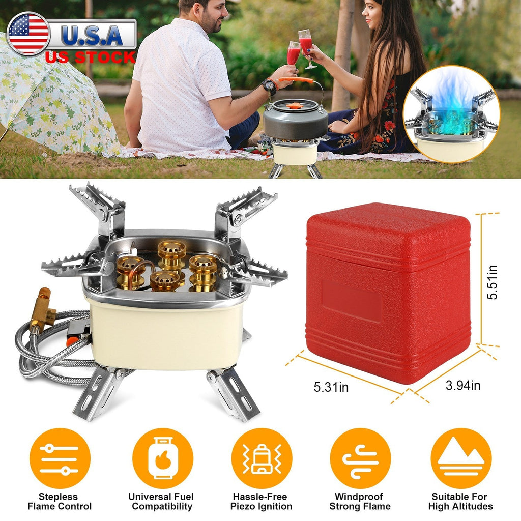 13000W Portable Windproof Camping Stove Five-head Gas Cooking Burner with Piezo Ignition Stepless Flame Control Fit For ISO-butane, Propane, Butane Fu