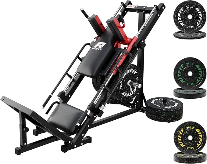 RitFit Adjustable Leg Press and Hack Squat Machine with Weight Plate Set, Professional Home Gym Equipment with Linear Bearings, Specialized for Complete Lower Body Workouts and Weight Storage Posts