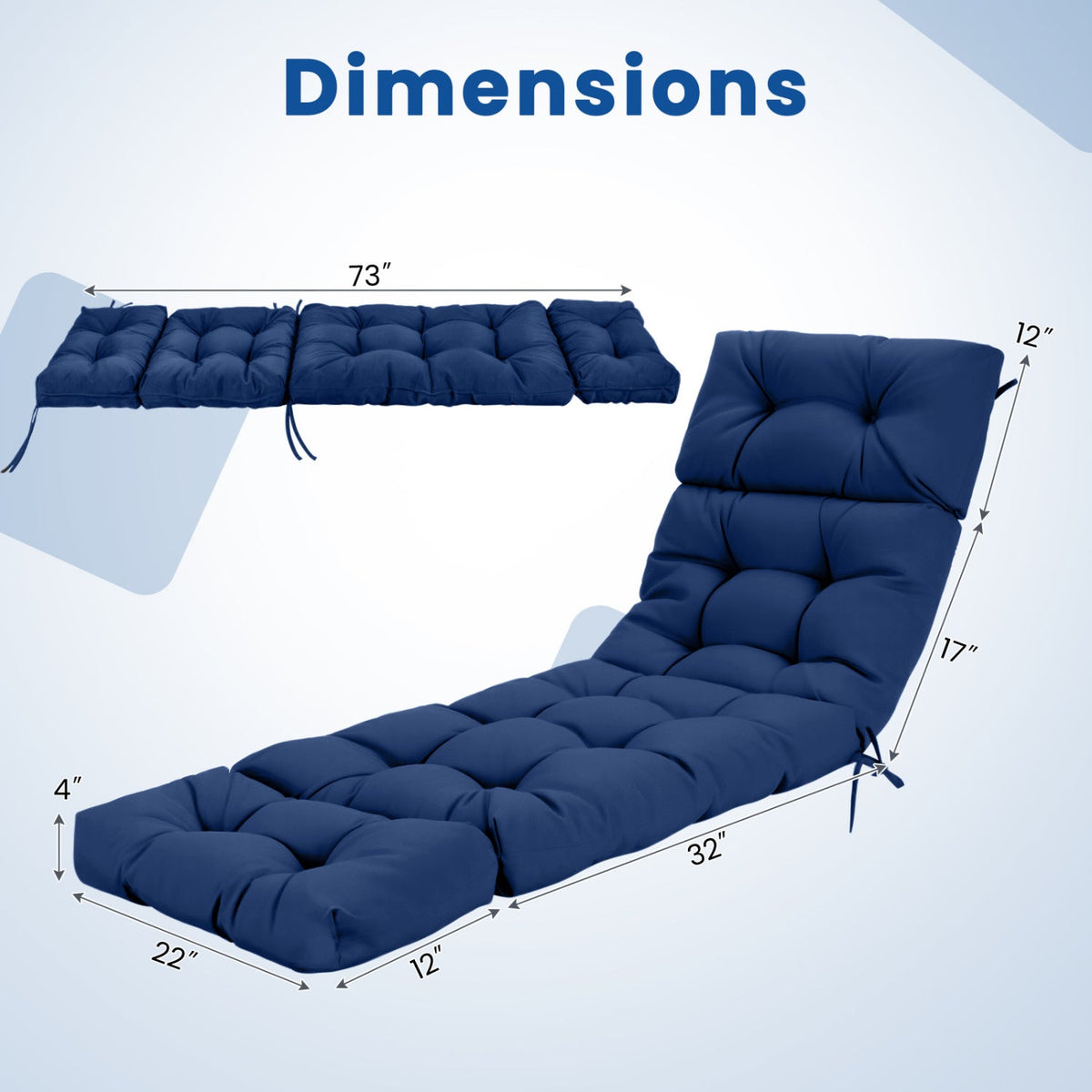 Outdoor Lounge Chaise Cushion Set of 2 (Chairs NOT included) - 73x22 Inch High Back