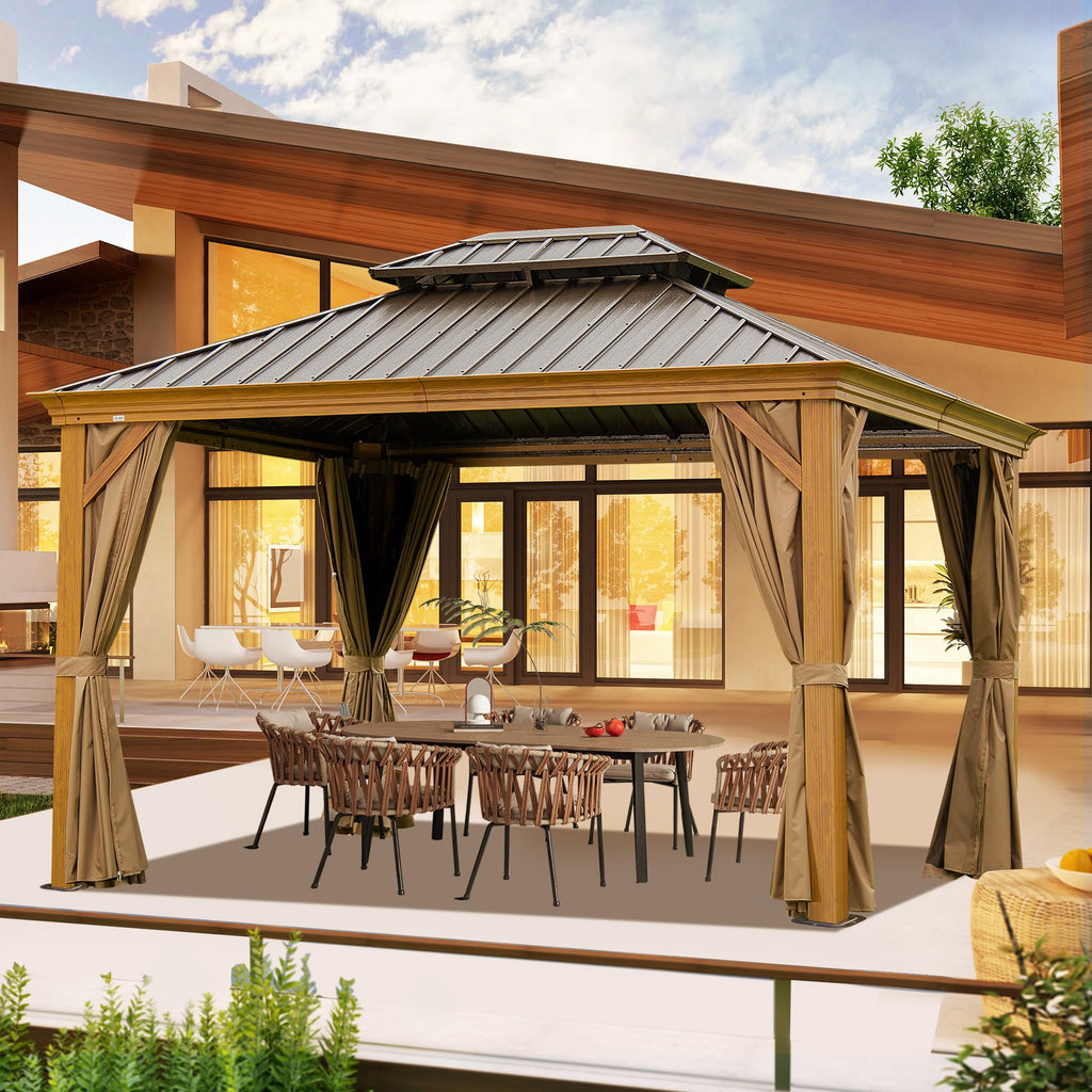 10' x 14' Hardtop Gazebo with Galvanized Steel Double Roof and Wood Grain Frame