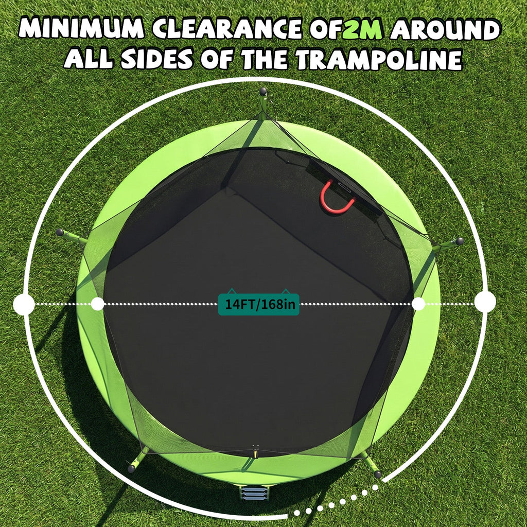 14FT Sports Fitness Trampoline with Safety Enclosure Net - Green