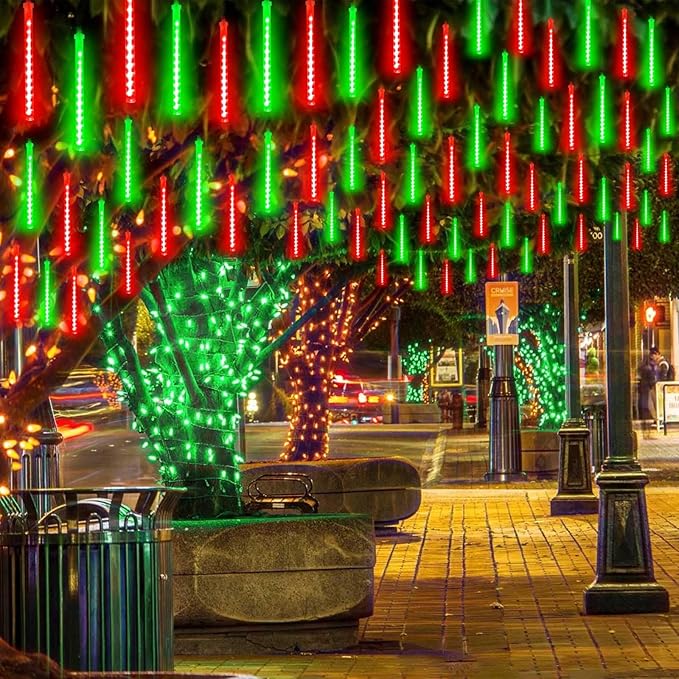 EXF 2-Pack Meteor Shower Lights Outdoor Waterproof, Rain Drop Christmas Light Total 384 LED 30cm 16 Tubes Snow Cascading String Lights Plug in for Xmas Tree Wedding Party Garden Décor (Red and Green)