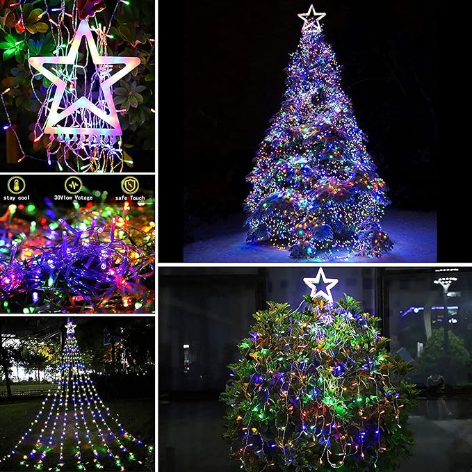Christmas Decoration Lights, Outdoor Christmas String Lights 320 LED 11.5 Ft Waterfall Tree Lights with Big Star Topper 8 Light Modes for Christmas New Year Holiday Garden Yard Indoor Outdoor Decor
