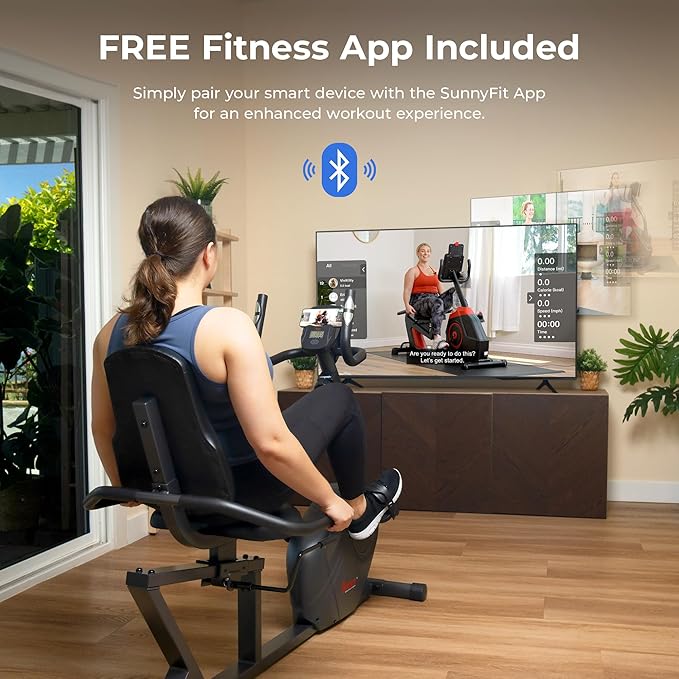 Sunny Health & Fitness Smart Heavy-Duty Recumbent Bike w/Wide Cushioned Seat & Back, Indoor Cycling Machine for Adult/Seniors Home Exercise, Free SunnyFit App Connect, Optional Workout Training Bands