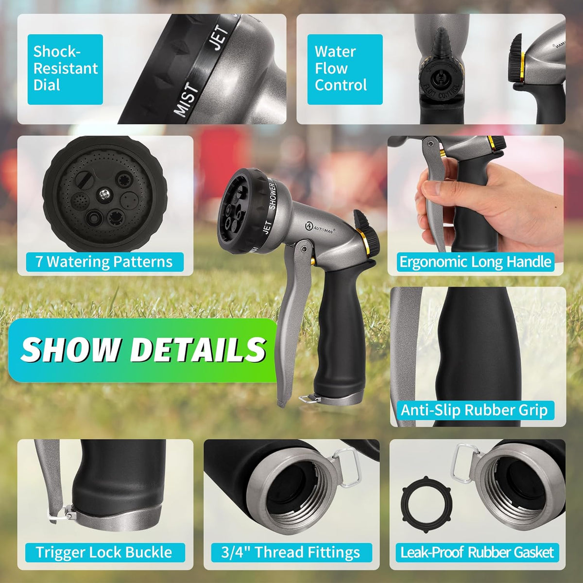 AUTOMAN Garden Hose Nozzle - 2 Pack, 100% Metal High Pressure Spray Nozzle, Labor-Saving Design, Heavy Duty for Garden Watering, Car Washing, Window Cleaning, Pets Bathing