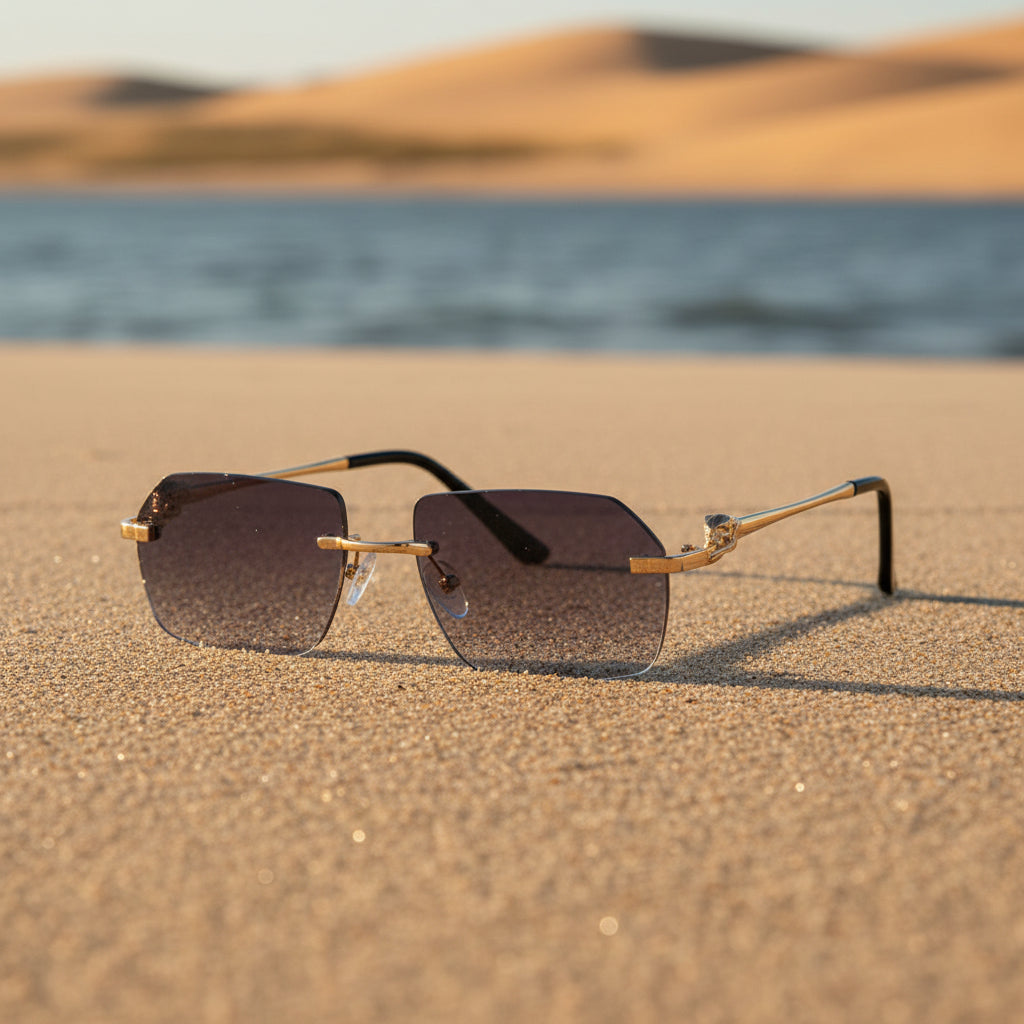 Gold Frame Cheetah Rimless Sunglasses – Hip-Hop Fashion Statement Eyewear