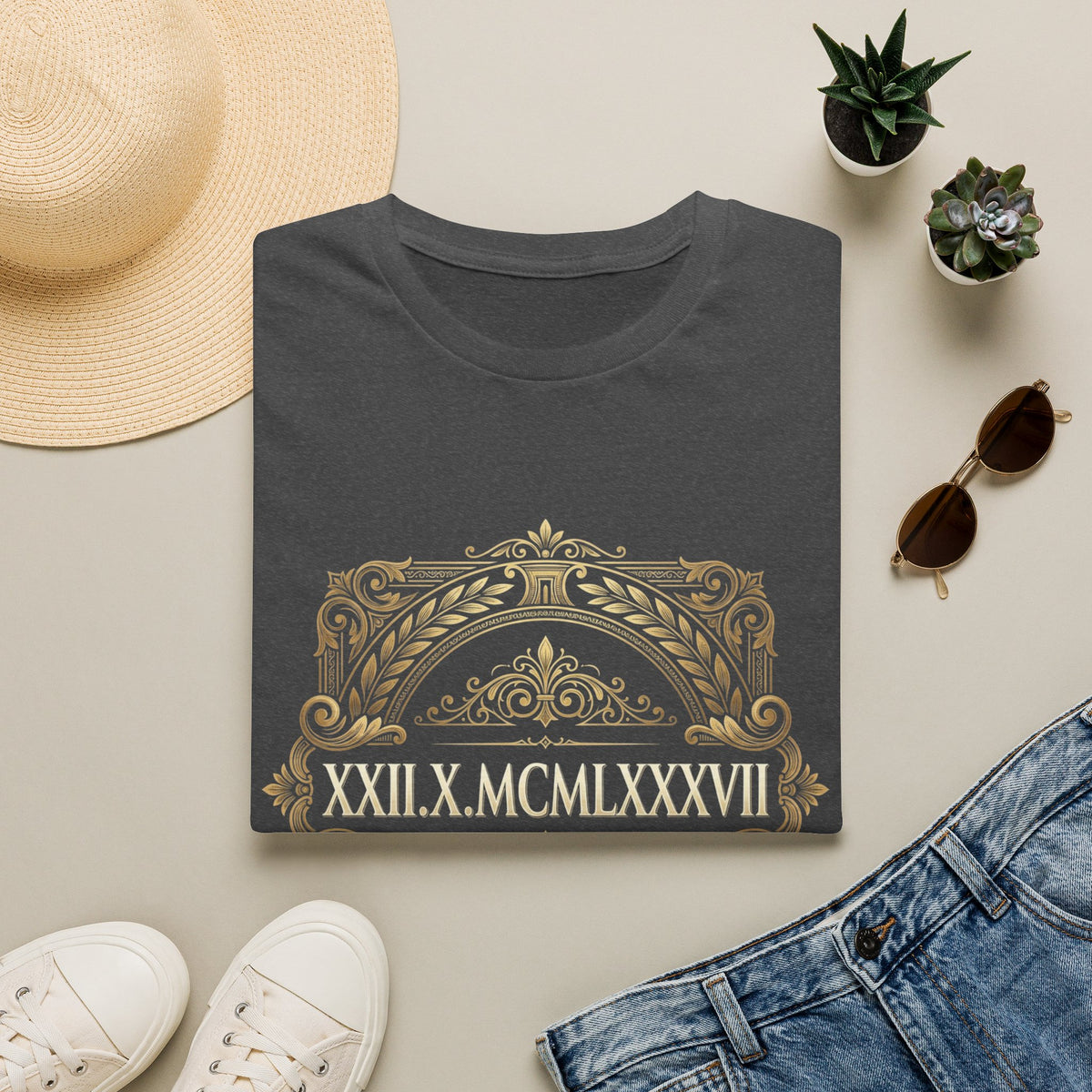 BDOS-Roman Numeral-UTShirt1 — Vintage Gold Ornate Crest "All Things" Design