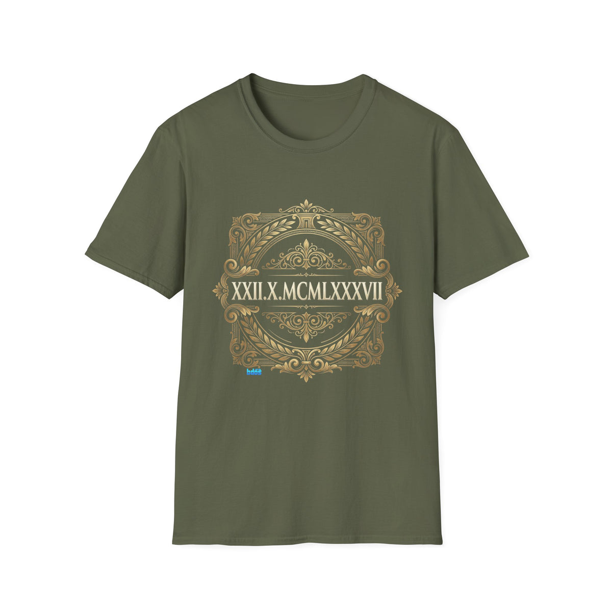 BDOS-Roman Numeral-UTShirt1 — Vintage Gold Ornate Crest "All Things" Design