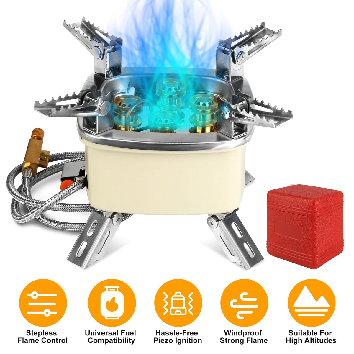 13000W Portable Windproof Camping Stove Five-head Gas Cooking Burner with Piezo Ignition Stepless Flame Control Fit For ISO-butane, Propane, Butane Fu