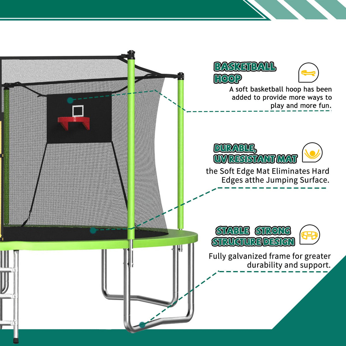 14FT Sports Fitness Trampoline with Safety Enclosure Net - Green
