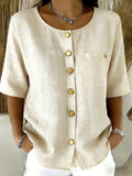 Crew-Neck 3/4 Sleeve Shirt with Metal Buttons – 7 Colors, S–3XL