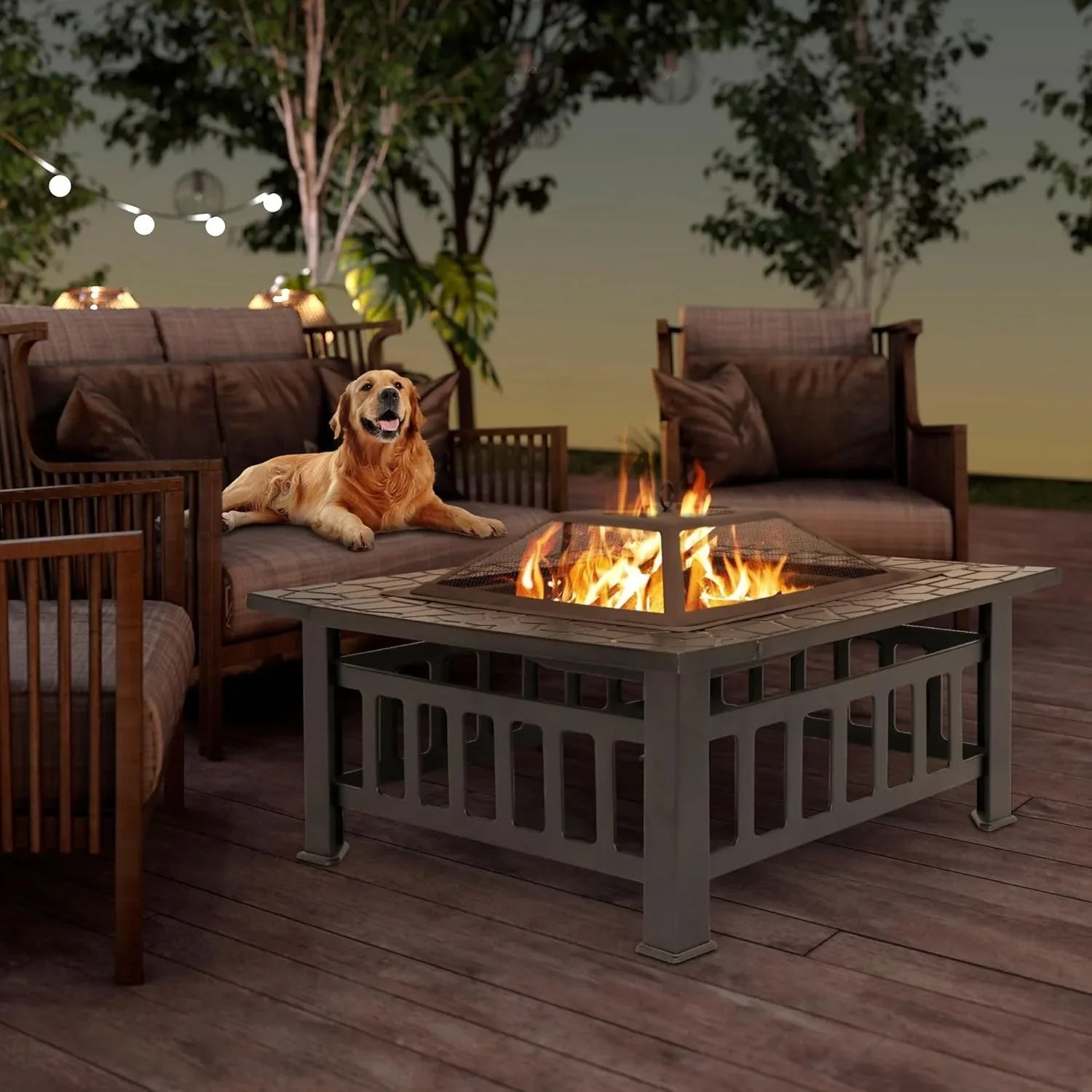 32 Inch Outdoor Fire Pit with Spark Screen Lid and Waterproof Cover, Square Metal Firepit Backyard Patio BBQ Garden Stove Firepl
