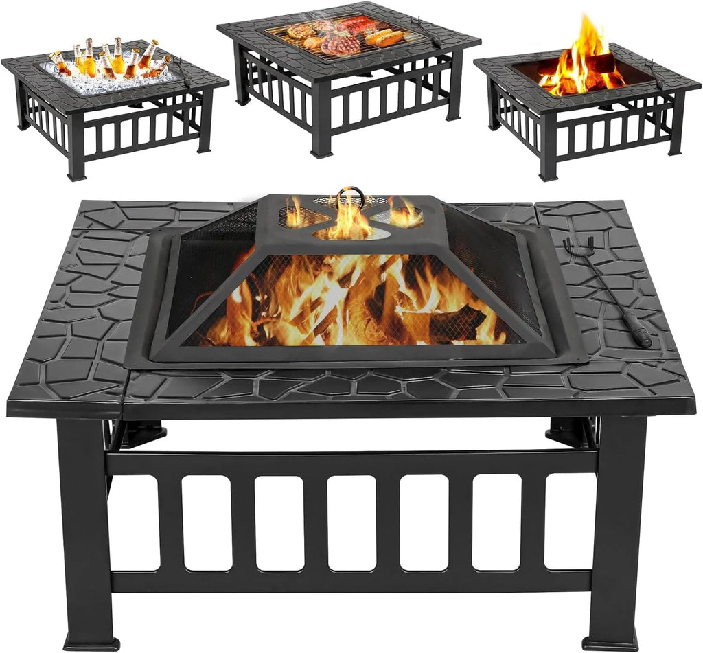 32 Inch Outdoor Fire Pit with Spark Screen Lid and Waterproof Cover, Square Metal Firepit Backyard Patio BBQ Garden Stove Firepl