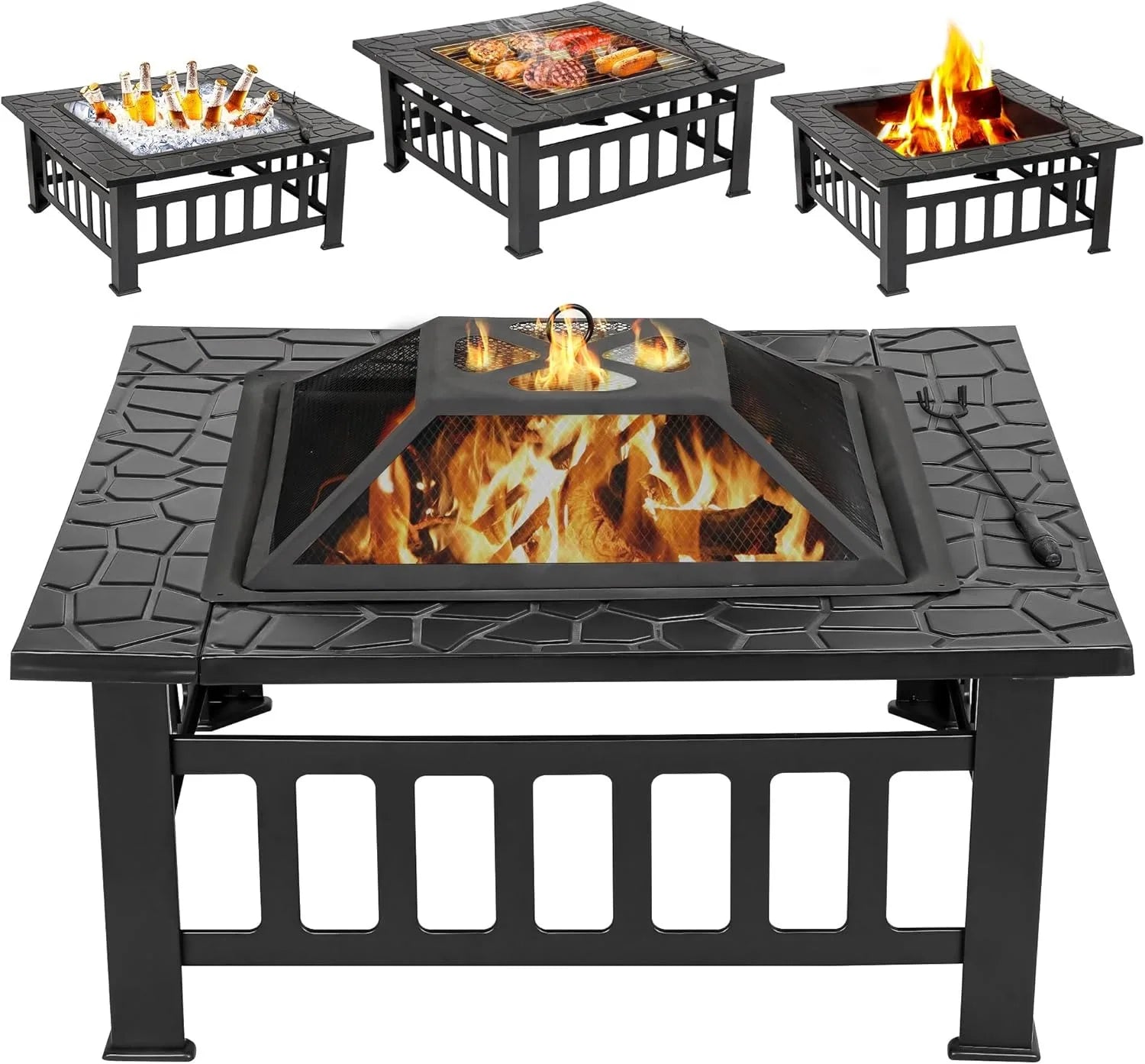 32 Inch Outdoor Fire Pit with Spark Screen Lid and Waterproof Cover, Square Metal Firepit Backyard Patio BBQ Garden Stove Firepl