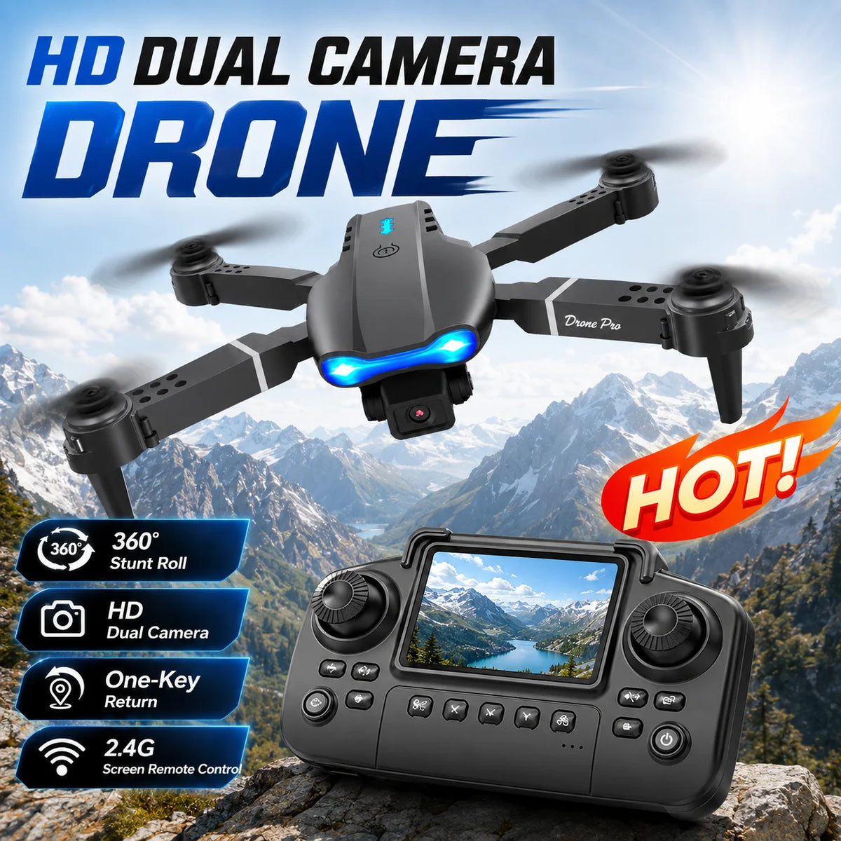 ZNLYRION 4K RC Drone with Screen Remote Control  Dual Camera Optical Flow Positioning Obstacle Avoidance Foldable FPV WIFI APP Control One Key Return 360° Flip Quadcopter Toy for Beginners