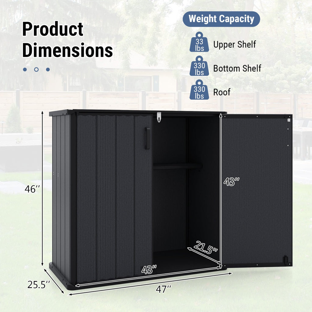 All-Weather Storage Box with Floor and Removable Shelf for Patio and Lawn