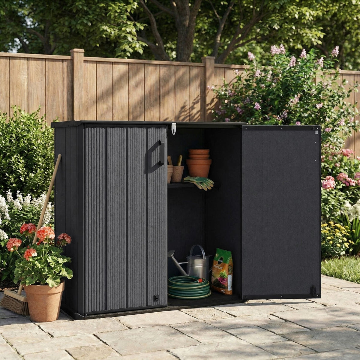 All-Weather Storage Box with Floor and Removable Shelf for Patio and Lawn