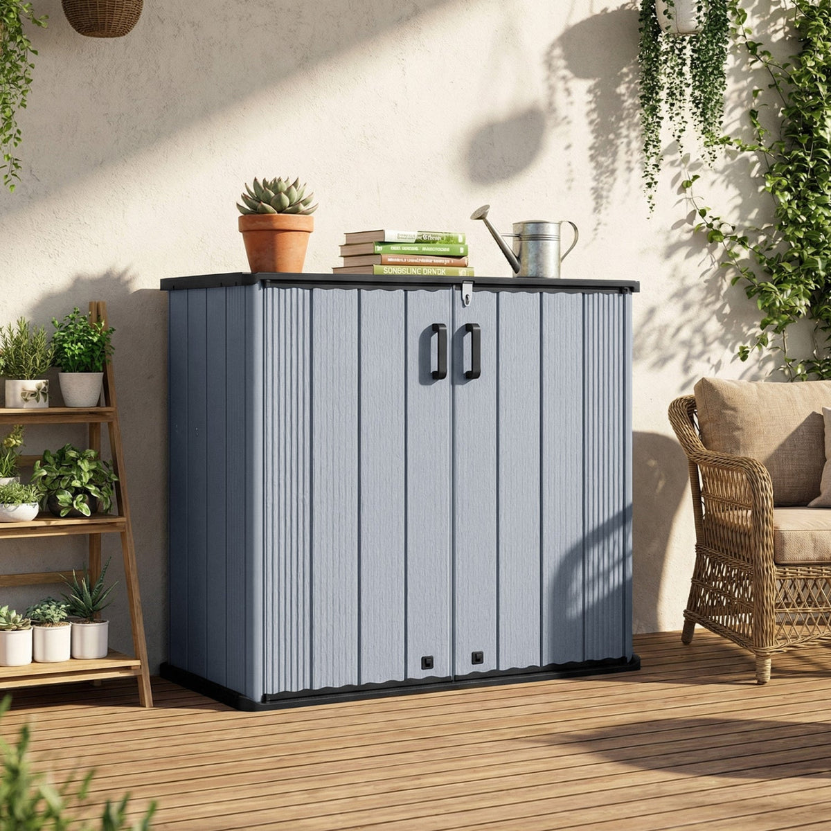 All-Weather Storage Box with Floor and Removable Shelf for Patio and Lawn