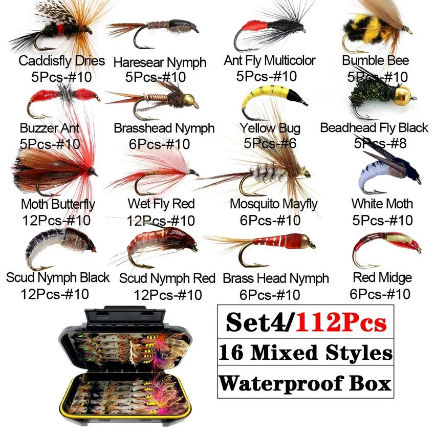 Trout Fly Fishing Flies Collection 32-112Pcs Flies Dry Wet Nymph Streamers Fly Assortment with Fly Box Flyfishing Fly Lures Kits from China