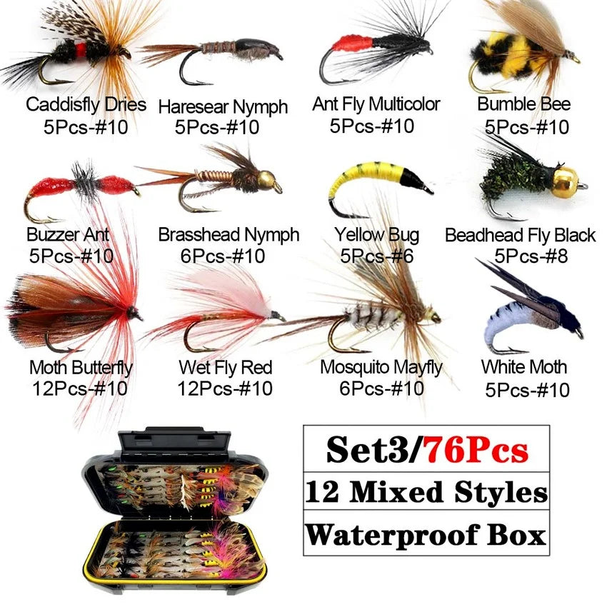 Trout Fly Fishing Flies Collection 32-112Pcs Flies Dry Wet Nymph Streamers Fly Assortment with Fly Box Flyfishing Fly Lures Kits from China