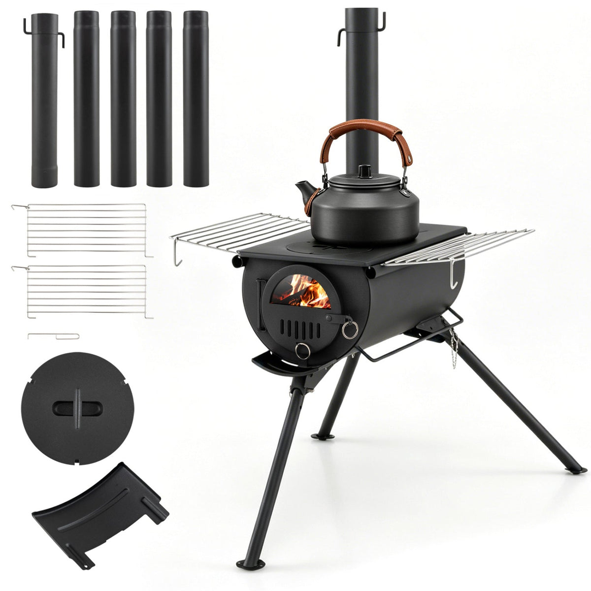 Hot Tent Stove with Chimney Pipes and Foldable Legs for Outdoor Heating