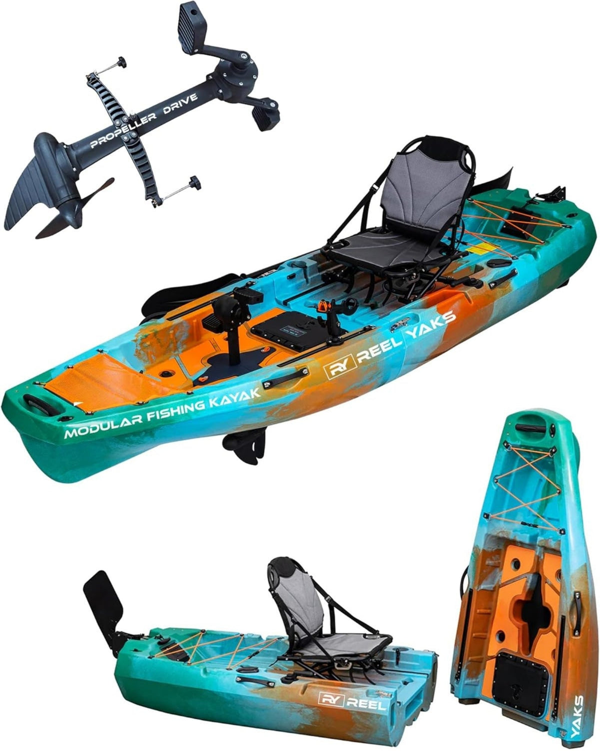 Sunrise (teal/blue and orange) Radar 10ft Propeller Drive Modular Fishing Kayak