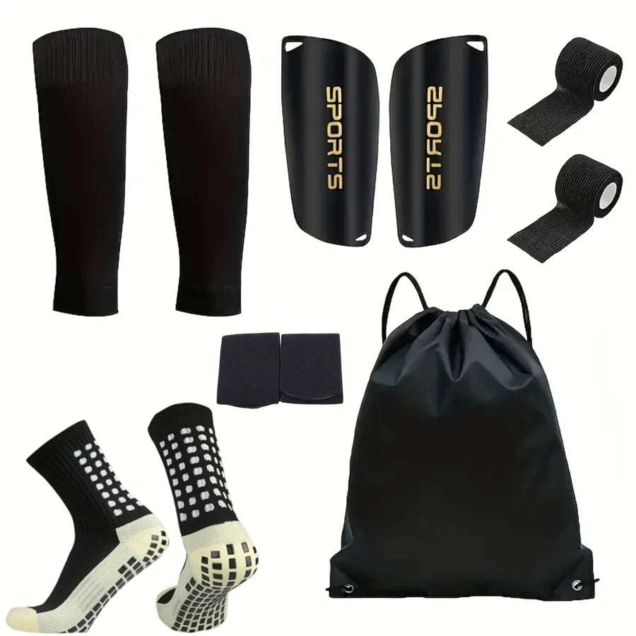 6-Piece Set of Outdoor Sports Soccer Socks + Shin Guards + Shin Socks + Ankle Guards + Straps + Storage Bag