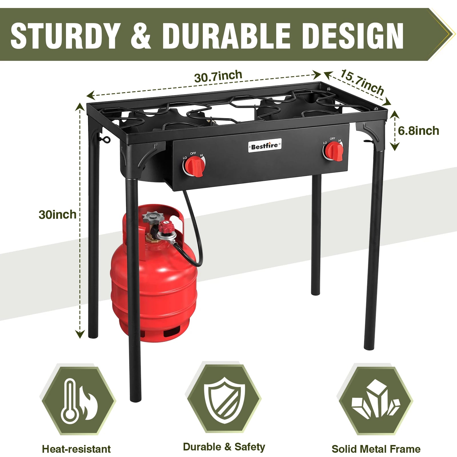 BESTFIRE 2 Burner Camping Stove 150000 BTU High Pressure Outdoor Propane Grill With 4ft 20 PSI Regulator Hose Removable Legs for Backyard Cooking BBQ Picnic Tailgate