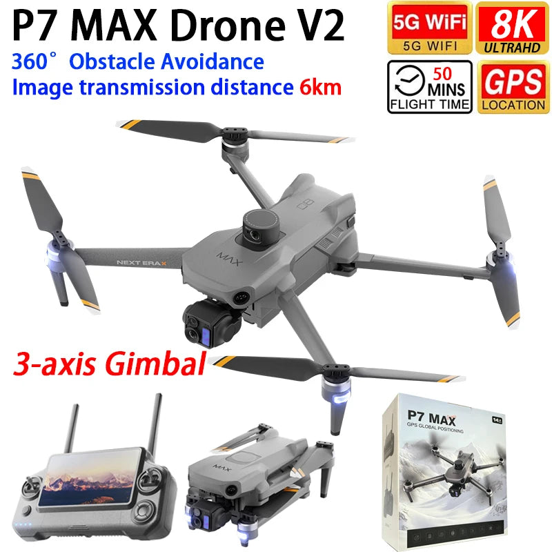 P7 MAX V2 Professional Drone GPS WIFI 6KM FPV 8K Dual Camera Smart Follow 360° Obstacle Avoidance 7.2" Screen Control Quadcopter from China