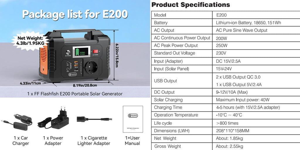 200W Portable Power Station 151Wh Solar Generator AC110V 100-240V DC Output Large-Capacity Backup Power for Home Camping Outdoor