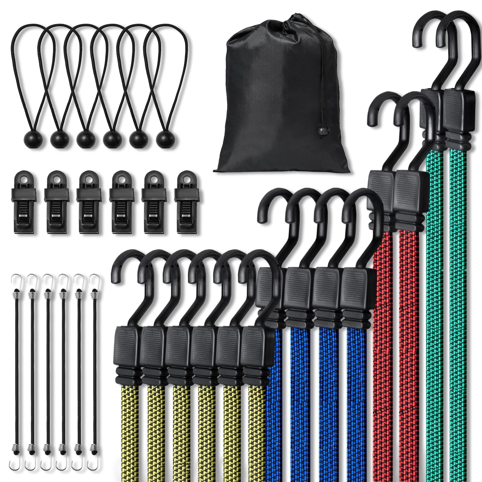 32pcs Bungee Cords 2M Elastic Luggage Bungee Straps with A3 Steel J-Hooks Anti-slip Flat Elasticity Rope