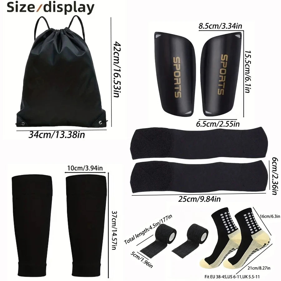6-Piece Set of Outdoor Sports Soccer Socks + Shin Guards + Shin Socks + Ankle Guards + Straps + Storage Bag