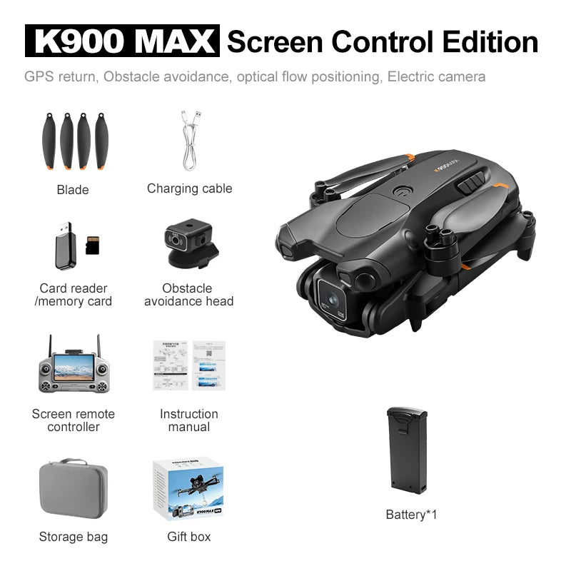 K900 Foldable RC Drone,4.5"Screen Remote,AirDrop,4-Way Obstacle Avoid,2K FPV, Optical Flow Positioning, Birthday Holiday Gift Toy from China