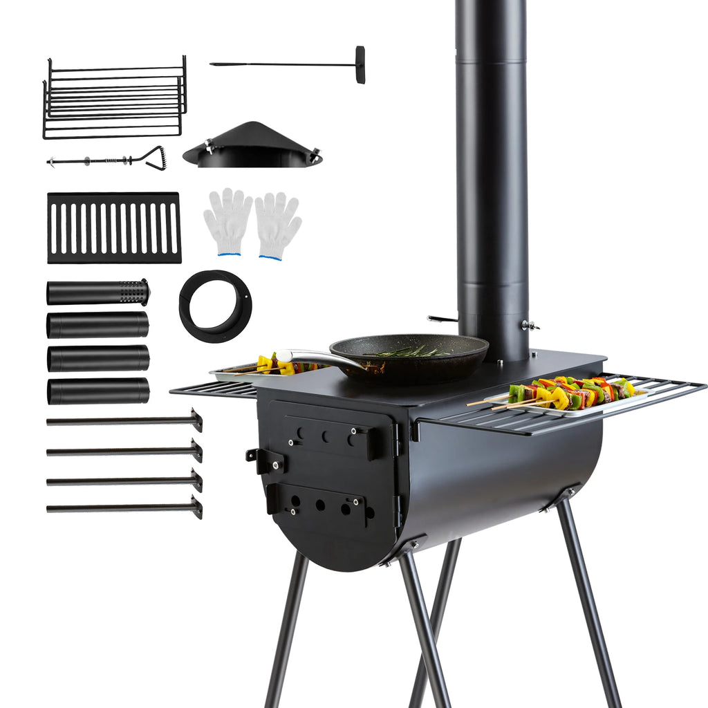 SucceBuy 118in Wood Stove Alloy Steel Camping Tent Portable Wood Burning Stove with Chimney Pipes & Gloves Hot Stove for Outdoor