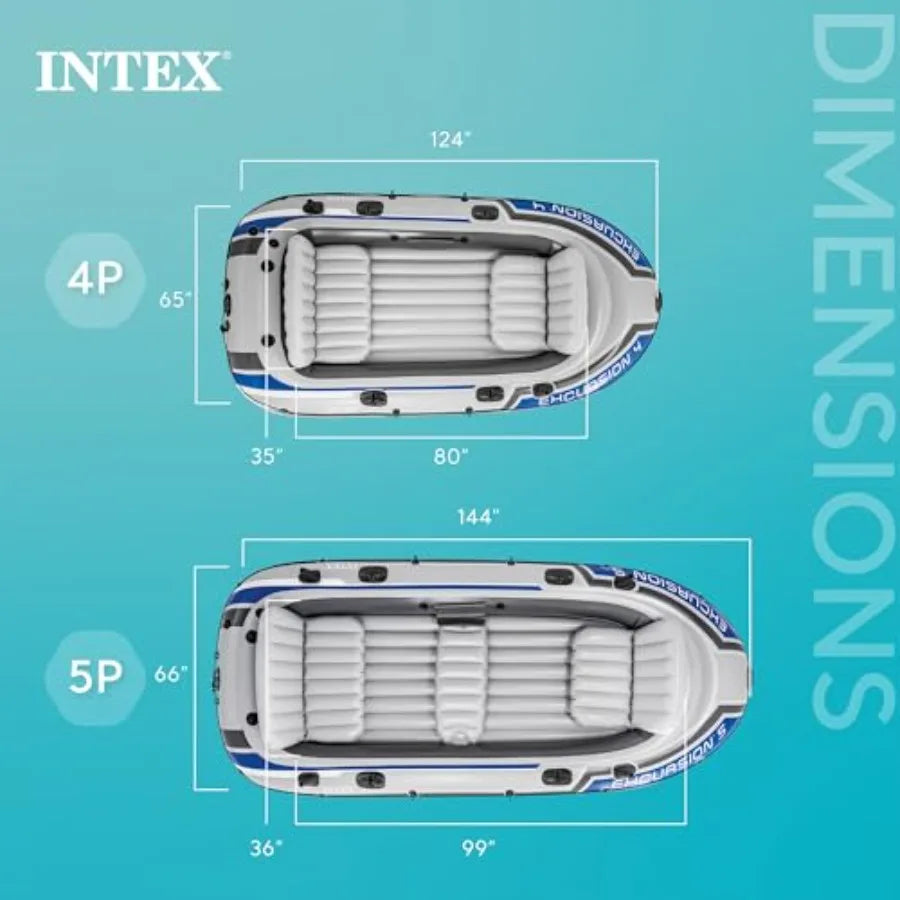 Excursion 5 Inflatable Boat Set: 5-Person 1320lb Capacity Durable PVC Blue Adjustable Seats with Backrest