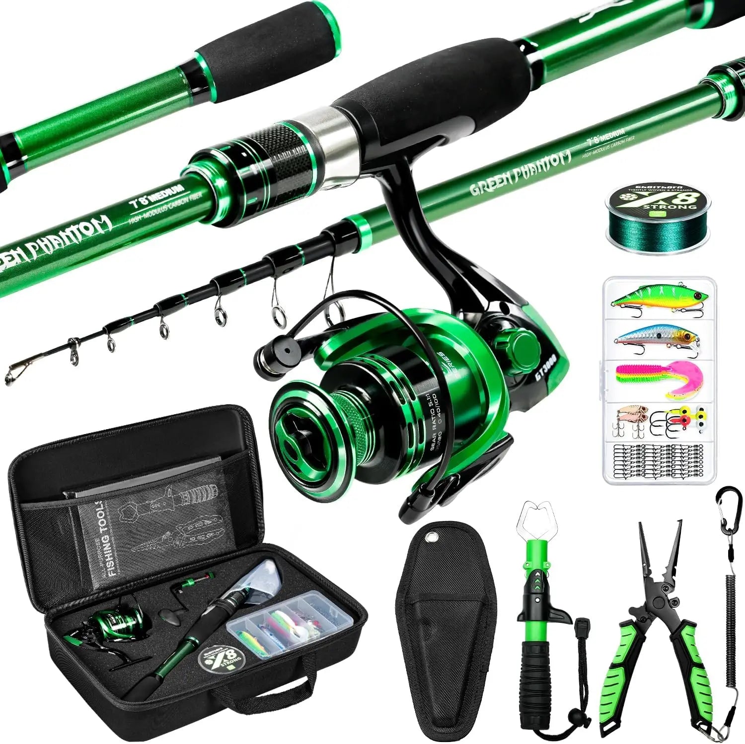 Telescoping Graphite Fishing Rod and Reel Combo with Case and Accessories
