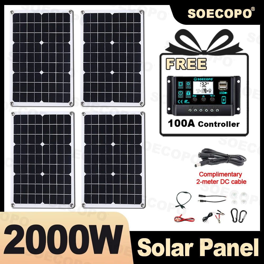 2000W Portable Solar Panel Kit with 4*500W Panels Free 100A Controller Dual USB 5V