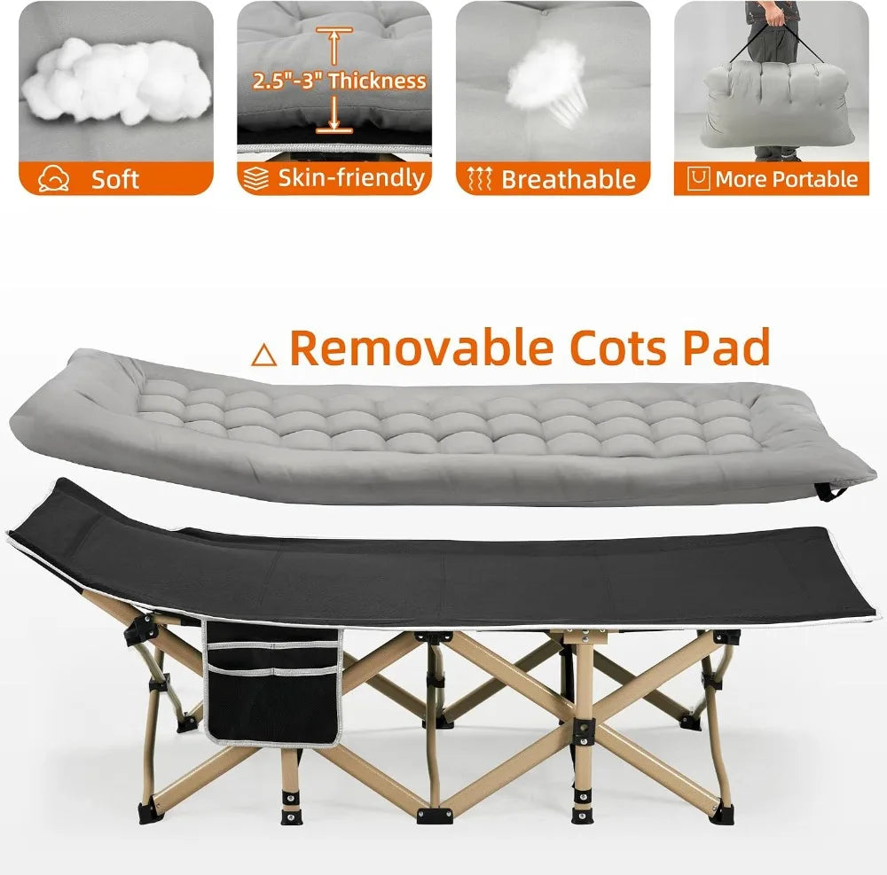 Portable Camping Cot, 600LBS Max Load, Extra Wide with Thick Mattress, Folding for Outdoor/Office/Home