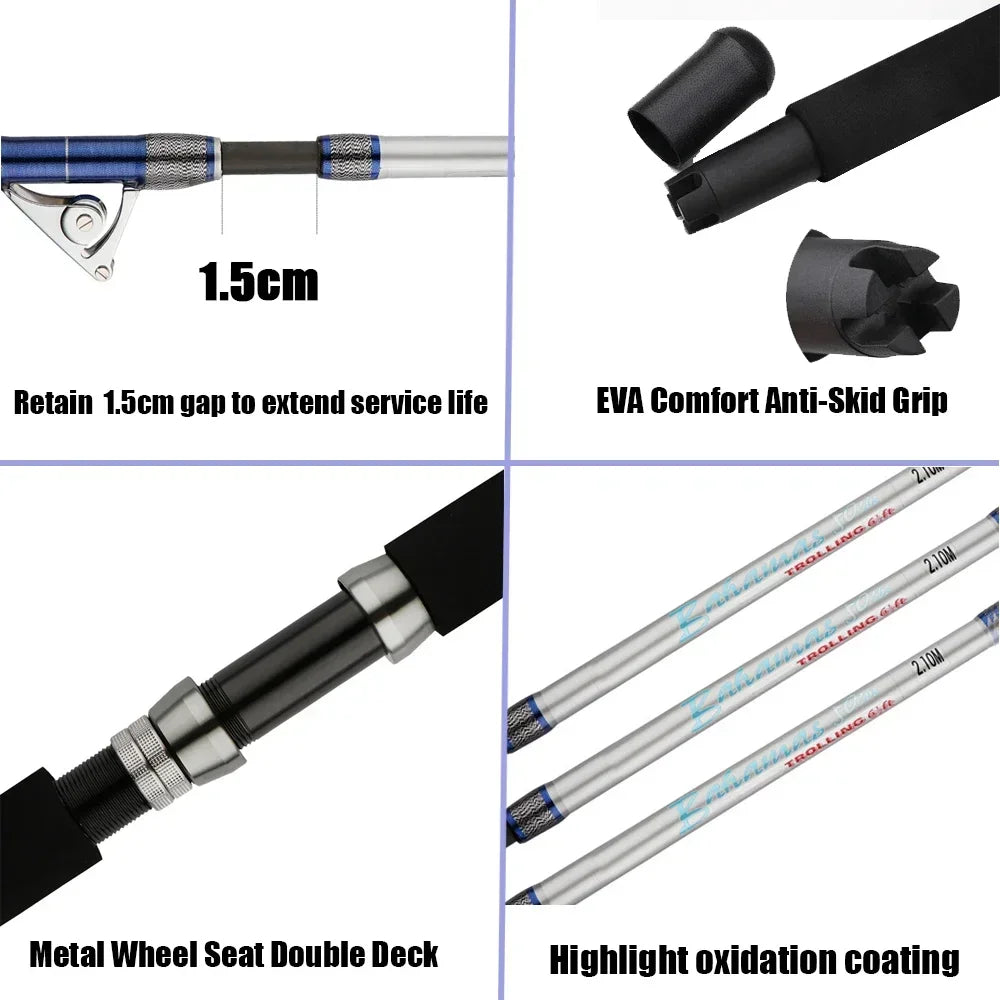 1.98M 2.1M Saltwater Spinning Big Game Fishing Rod 50kg 2 Piece Offshore Trolling Rod Sea Boat Fishing Pole with Roller Guides from China