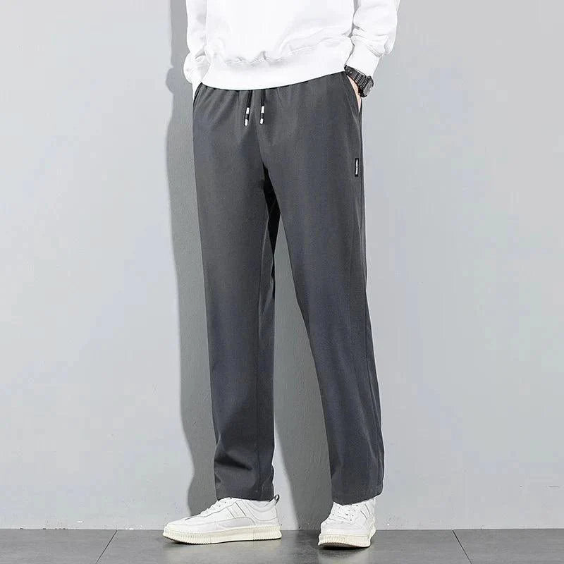 Ice Silk Men's Pants 2025 Summer New Black Gray Thin Business Casual Pants Outdoor Elastic Breathable Straight Leg Sweatpants