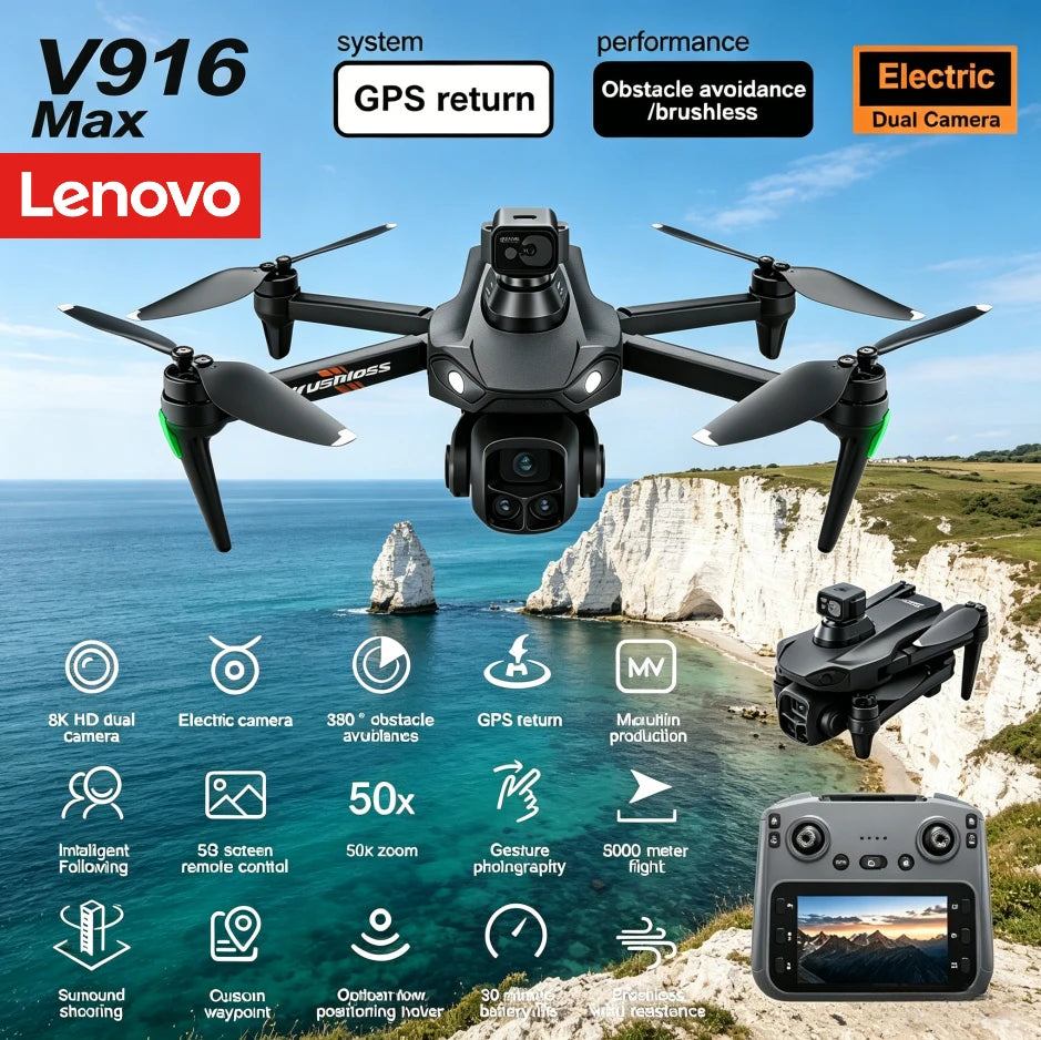 Lenovo V916MAX GPS Return Drone 5G 8K HD 4K Dual Camera Dron Remote With Screen Laser Obstacle Avoidance Drone RC Toys Gifts FPV from China