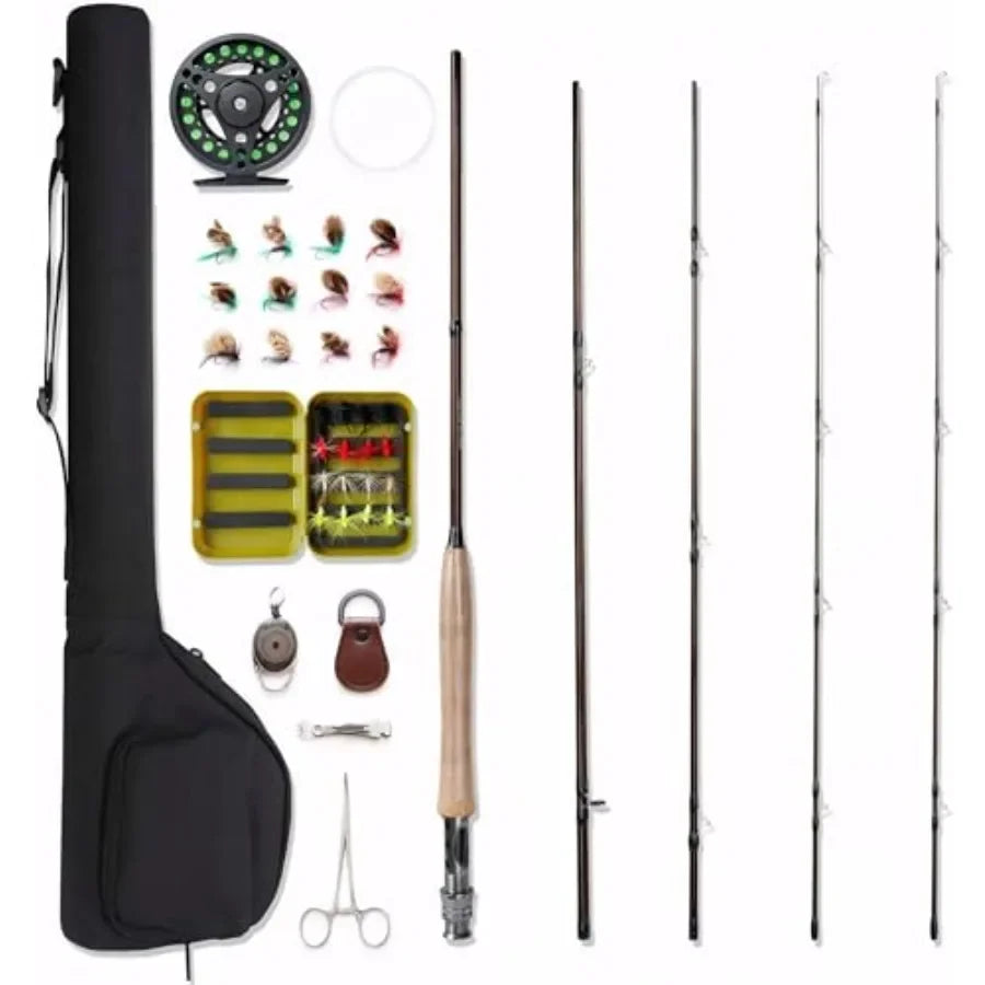 Lightweight Portable 4Piece Fly Fishing Rod and Reel Combo with PreLoaded Lines 5wt Aluminum Fly Reel 28pcs Flies in Waterproof