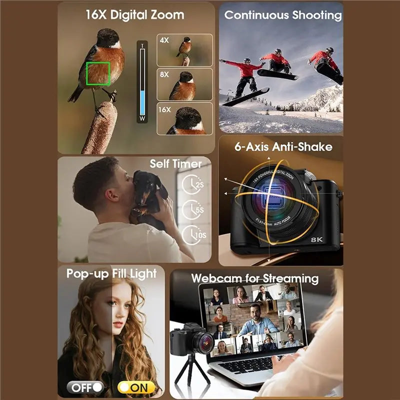 Vlog Recording 8K Digital Camera, Autofocus, Wifi, Touch Screen and 16X Zoom