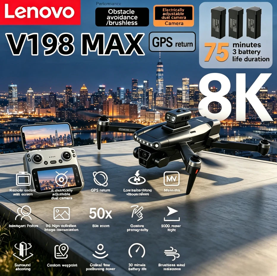 Lenovo V198MAX GPS Drone 4K 8K Professional Camera Aerial FPV Brush Laser Obstacle with Large Screen Remote Control Folding Drone from China