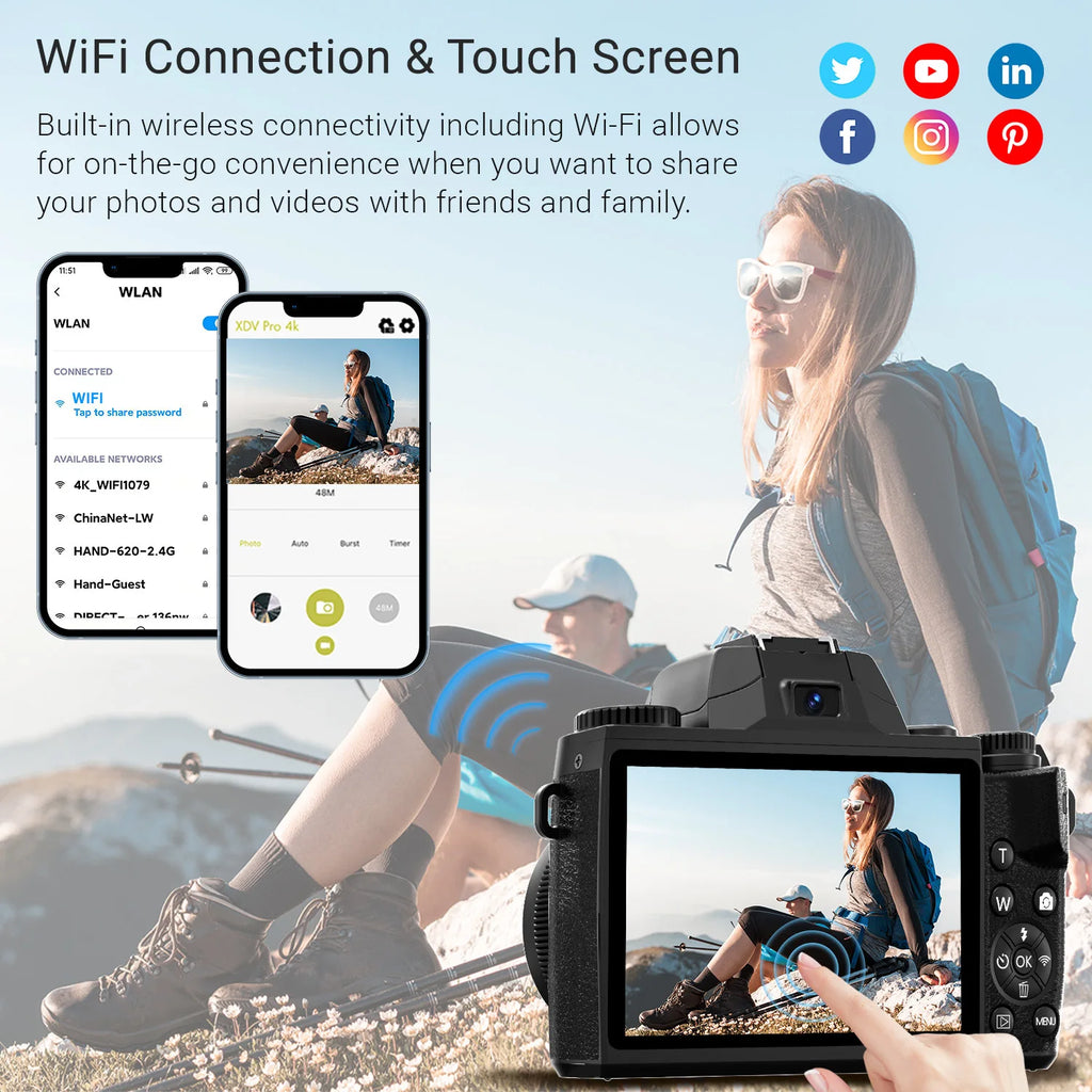 Digital Camera 4K WiFi Camera with Flash, Lens Hood, Front and Rear Camera, 4 Inch Touch Screen
