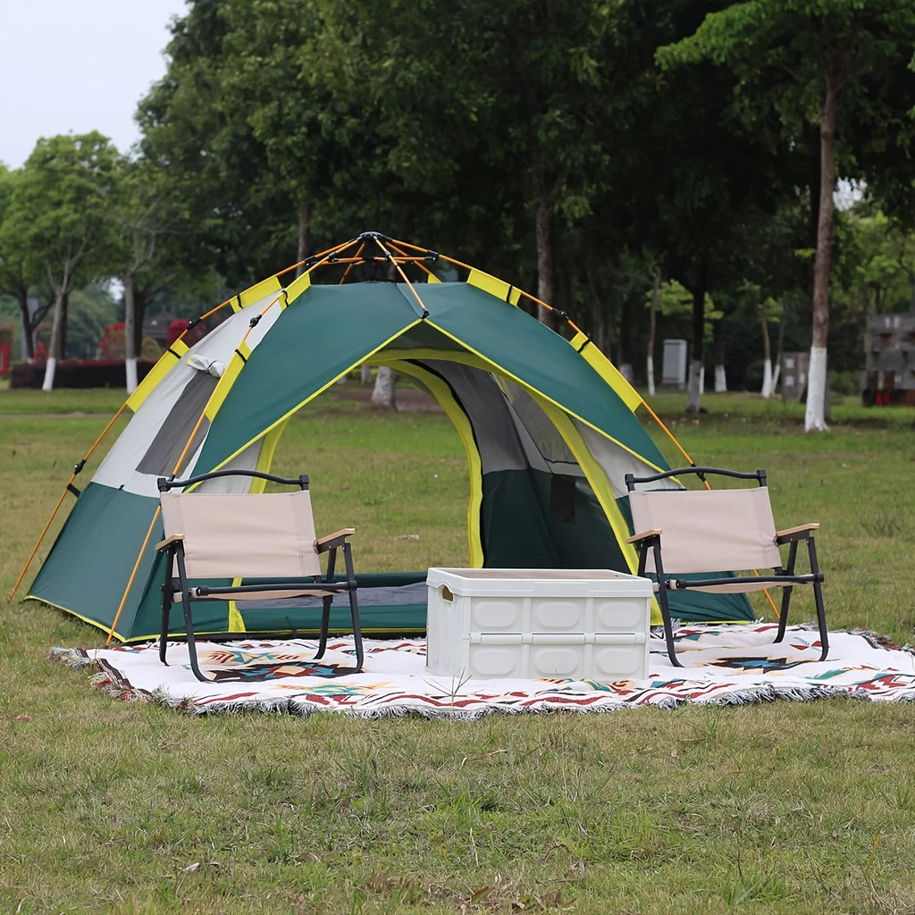 Automatic Pop-Up Tent for Four People Featuring UV Protection, Insect Netting, And a Sunshade - a Roomy Dark Green Camping Tent Equipped with a Zipper, Robust Support Pole, Ideal for Beach Outings, Parks, And Outdoor Adventur